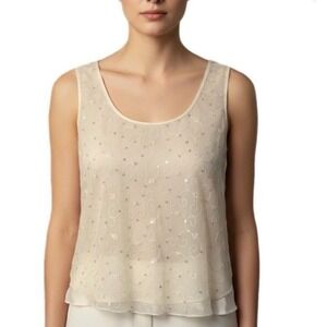 Je Tadore Ivory Beaded Sequins‎ Sheer Overlay Tank Top Women's Small